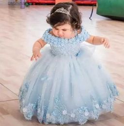 Meisjesjurken Blue Baby Girl Dress Tule Flower Pearl Butterfly Girl Dress Off Shoulder For Wedding Birthday Party First Communion Jurets L47
