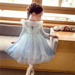 Robes de fille robe formelle bleue tricot à manches longues robe de danse de mariage vestime pour enfants robe d'anniversaire princesse