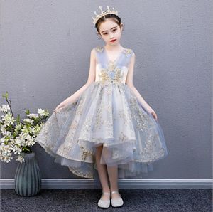 Girl's jurken Blue Lace Pargin Flower Girls trouwjurk avondfeestje kinderen voor elegante lange prinses baljurk kostuums