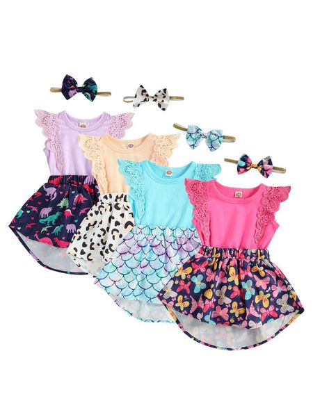 Платья для девочек Комплект одежды из двух предметов для новорожденных девочек с принтом Платье без рукавов с круглым воротником Ползунки Головной убор Розовый/Розовый SummerGirl's