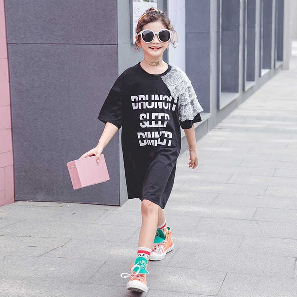 Robes de fille Marque Enfants Filles Vêtements D'été T-shirt Dentelle Épissé Coton T-shirt Lâche Longue Lettre T-shirts Casual Top 4 5 7 9 10 12 13 Ans 0131