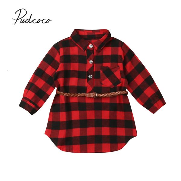 Robes de fille Marque Noël Infant Kid Bébé Fille Longue Chemise Robe Tops Manches Rouge Plaid Droite Longueur Au Genou Ceinture 0 5Y 231113