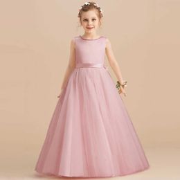 Girl's jurken bruidsmeisje meisje roze boog prinsesjurk voor bruiloft 5-14t kinderen nieuwjaar kralen lange jurk kinderen formeel optocht gala-kostuum