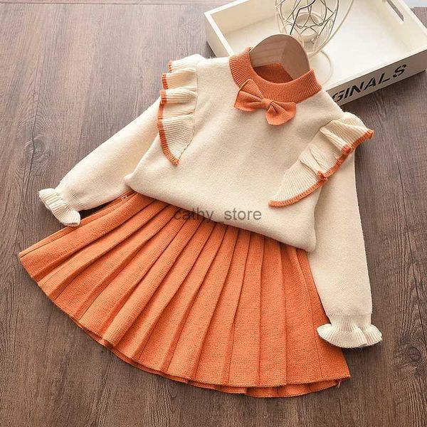 Robes de fille Casual Girls Robe Knitting Kids Suit Winter Long Manches Princesse Top et jupe 2pcs Tédits Sweater Kids Clothesl231222