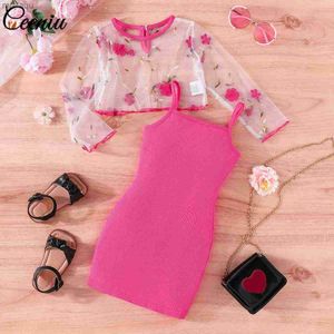 Girl's jurken Ceeniu 3-7y kinderfeestjurken voor meisjes applique bloem transparante top en heupjurk zomer kinderen kleding meisjes setsl2404