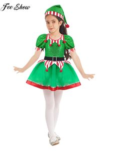 Robes de fille Enfant Filles Noël Elf Cosplay Costume Ballet Tutu Brillant Paillettes Mesh Justaucorps Robe Noël Année Festival Performance Vêtements 231204