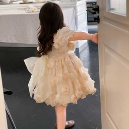 Girl's jurken kinderen kleding Koreaanse kinderen kleding 2023 lente en zomermeisjes bloem prinses jurk korte mouw zoete schattige elegante jurk z0223