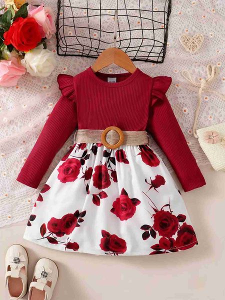 Robes de fille enfants fille robe de mode rouge jupe de fleur à manches longues avec une fête d'anniversaire de ceinture porter des tenues d'automne pour fille 1 à 7 ans d240423