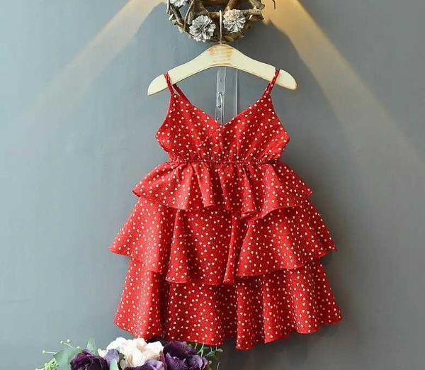 Robes de fille enfants filles polka point peu d'amour robe à suspension 2024 Nouveau bébé fille en mousseline de soie robes à gâteau rouge