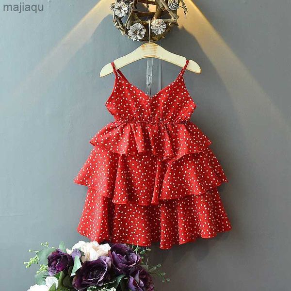 Robes de fille enfants filles polka point peu d'amour robe à suspension 2024 Nouveau bébé fille en mousseline de soie robe gâteau rouge2404