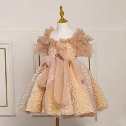 Girl's Dresses Children Prom Dress ChicTulle Off The Shoulder Gold Sequined Princess Kids Girls Party Performance Costume Ball Gown2023 231205