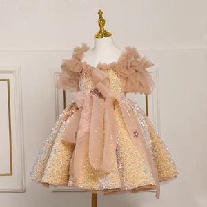 Robes de fille Enfants Robe de bal ChicTulle de l'épaule Gold Paillettes Princesse Enfants Filles Party Performance Costume Ball Gown2023 231130