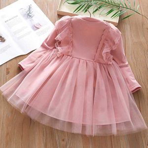 Robes de fille enfants décontracté coton robe à manches longues pour les filles rose et blanc robe de soirée belle robe de princesse en dentelle