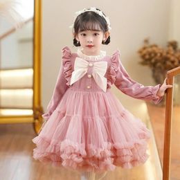 Vestidos de niña Vestido de princesa para niños Pompadour Malla 3 12 años Niños Otoño Invierno Manga larga Arco Color sólido 231214