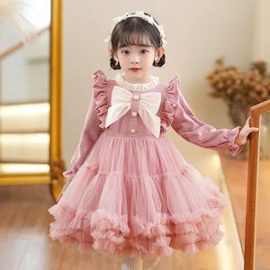 Robes de fille Robe de princesse pour enfants Pompadour Mesh 3 12 ans Enfants Automne Hiver Manches longues Bow Couleur unie 231215