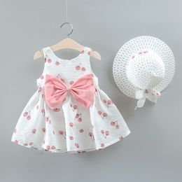 Meisjesjurken Kinderen Zomer Baby Girls Mouwloze Cherry Dot Big Bow Print Floral Dress Princess Rok met hoedkleding