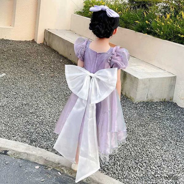 Robes de fille Enfants Summer Princess Purple StellaLou Bow Dream Gauze Filles Fluffy Anniversaire Set Fancy Dress Party Coton Vêtements