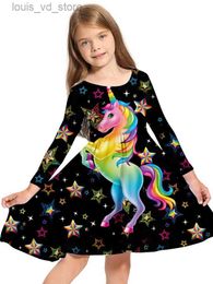 Robes de fille Vêtements pour enfants robe à manches longues grande jupe swing rond Unicorn T240415
