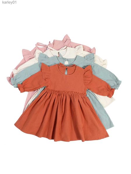 Vestidos de niña Vestido de manga de aleteo de algodón para niños Vestido de una sola pieza Vestido de princesa Color sólido Nueva llegada INS 2022 YQ240327