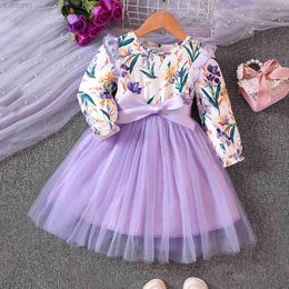 Robes de fille Robe de princesse transparente pour enfants, automne, manches longues, imprimé floral, nœud, robe de soirée, robe de mariée, robe de mariée 24323