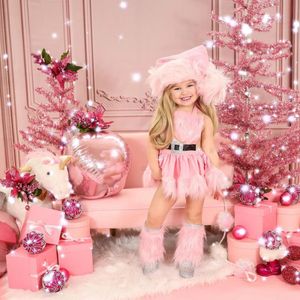 Meisjesjurken Kerst Baby Meisjes Romper Jurk Prinses Pailletten Wit Pluche Trim Patchwork Halternek Mouwloos Tutu Jumpsuit met Hoed 231130