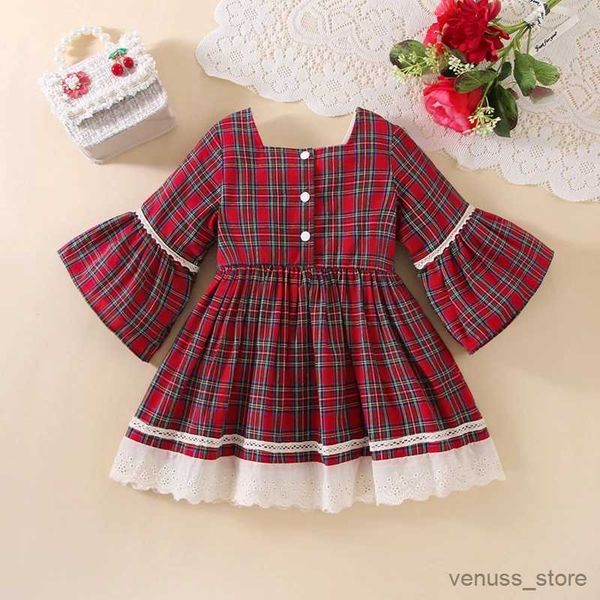 Robes de fille robes de Noël bébé bébé vêtements filles rouges manches longues en dentelle à volants à volants robe à plaid coton