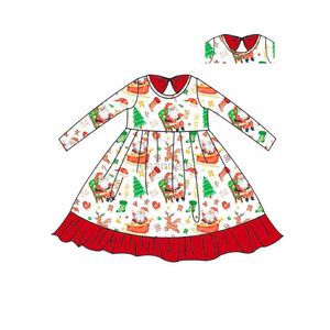 Robes de fille Robe de fille de Noël à manches longues sur les genoux en style jupe rouge avec tissu en soie de lait motif Père Noël 240315