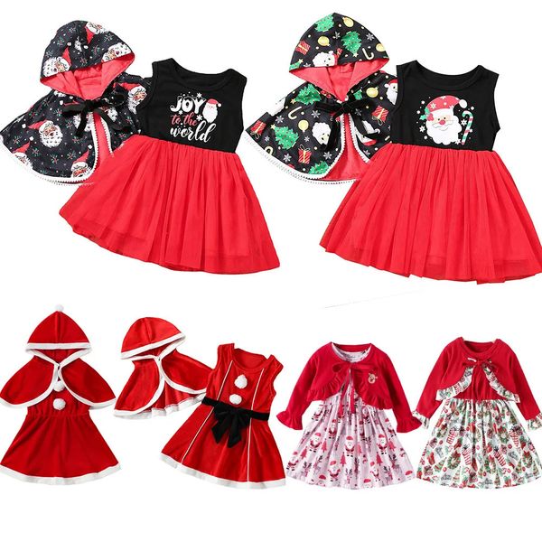 Robes de fille Noël Filles Père Noël Robe de cape à capuche pour enfants Fille Jupe en maille sans manches 2 pièces Ensemble Enfants Vêtements d'anniversaire 231010