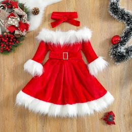 Meisjesjurken Kerstmis Kid babymeisje kleren faux bont patchwork lange mouw uit schouder aline met riem booghoofdband 230214
