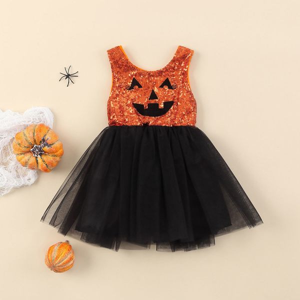 Robes fille Citgeett été Halloween enfants bébé fille robe sans manches motif citrouille maille ourlet jupe vêtements 220905