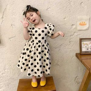Girl's jurken kleding sets kleuterschool meisje polka dot geprint shirt met ronde nek puff korte mouwen geplooide zoom a-line jurk wx5.23