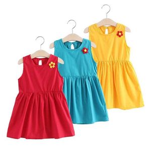 Girl's jurken kleding sets zomer kinderjurk meisje vaste kleur bloem rood blauw gele prinses jurk kleuterschool babyjurk kinderjurk kinderen kleding wx5.23