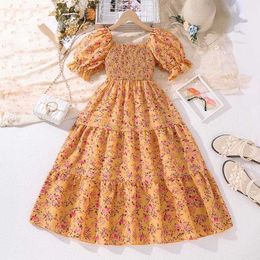 Robes de fille Vêtements Robe d'été Robe d'été de 8 à 12 ans pour enfants et filles manches moelleuses Fleur jaune Longue robe élégante princesse d'anniversaire robe quotidienne WX5.23