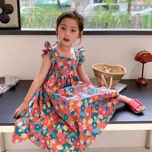 Girl's jurken kleding sets zomer meisje bloemen print taille pluizige jurk voor kinderen met backless vierkante halslijn vliegende mouwen schattige prinsesjurk wx5.23