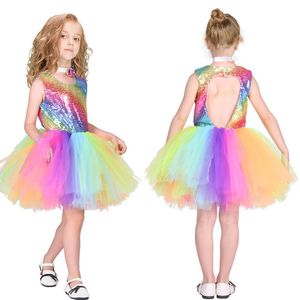 Girl's jurken Cosplay Pastel Rainbow Sequins Dress Baby Girl Birthday Party Princess Dress Dress Jurk Kinderen Zomer Tutu-jurk 2-10t Kleding 230815