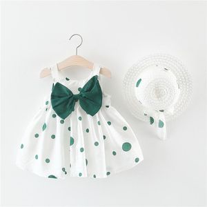 Mädchen-Kleider, niedliches Baby-Kleid, 2-teiliges Sommer-Set, geborene Kleidung, Schleife, Prinzessin, ärmellos, Baumwolle, Säuglingsgeburtstag + Sonnenhut, 0–3 Jahre