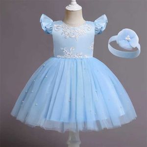 Robes de fille mignonne bébé fille tutu robe broderie en dentelle de fleur de fleur de princesse pour 1ère fête d'anniversaire nouveau-né babi bleu perle bal de tulle vêtements