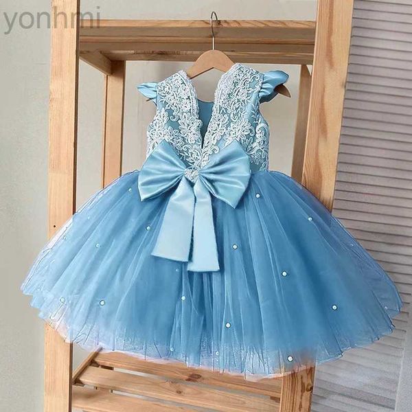 Robes de fille mignonne bébé fille tutu robe broderie en dentelle fleur de fleur robe princesse pour 1ère fête d'anniversaire nouveau-né babi bleu perle bal de tulle vêtements d240423