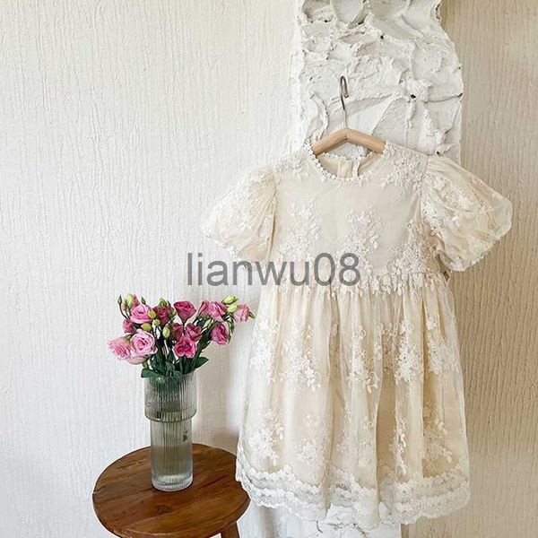 Robes de fille cerf jonmi 2022 été bébé filles beige robes de princesse dentelle broderie manches bouffantes Style coréen tout-petits enfants robe de soirée x0806