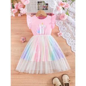 Meisjesjurken jurk voor kinderen 2-6 jaar oud schattige cartoon gegolfde kleurrijke tule mouw prinses jurken ootd voor baby girll2405