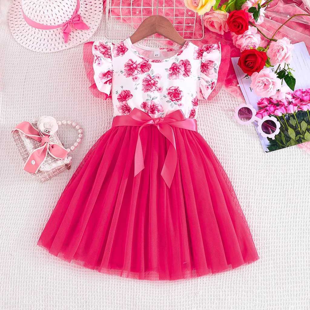 Flickans klänningar klänning för barn 2-7 år gammal mode söt blommig rufsad tyll ärm prinsessa formella klänningar ootd för baby girll2405