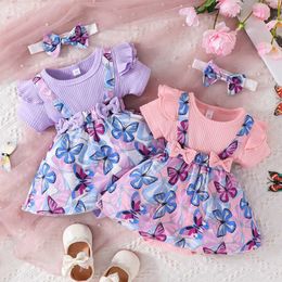 Girl's jurken jurk voor kinderen 3 tot 18 maanden korte mouw paarse vlinder prinses formele romper jurken ootd voor pasgeboren baby Girll2405