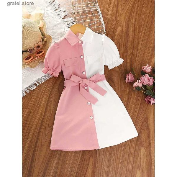 Robes de fille robe pour enfants 4 à 7 ans mode manche courte princesse bouton formelle couture robes avec ceinture ootd pour bébé fille