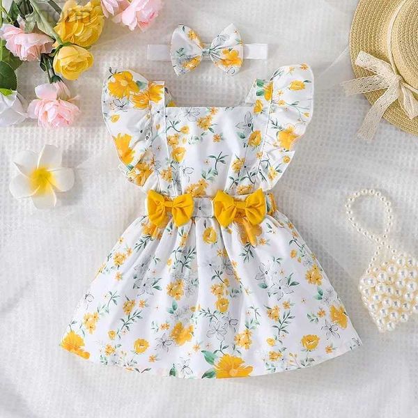 Robes de fille Robe pour enfants nouveau-né 3 - 24 mois d'anniversaire manche papillon mignon robes formelles de princesse florale jaune ootd pour bébé d240425