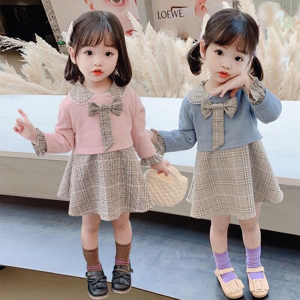 Vestidos de niña vestido para el año 2022 moda coreana niños invierno cálido tejido a cuadros falso dos conjuntos de falda niñas pequeñas bebé Kawaii Bowknot