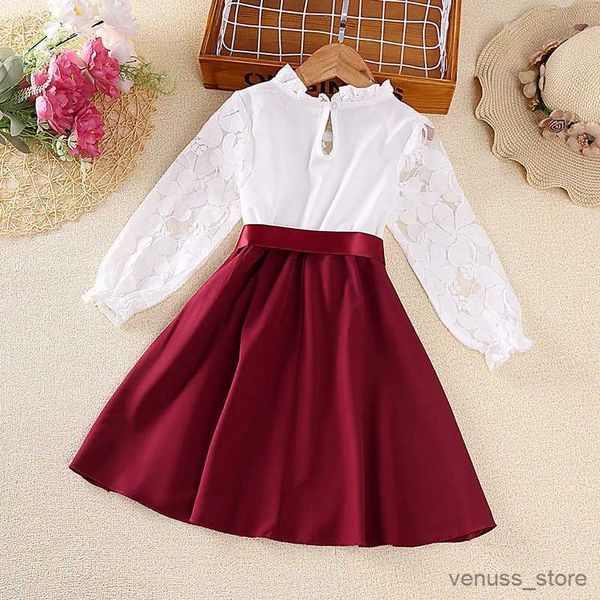 Vestidos para niñas Vestidos para niñas Niñas 4-7 años de encaje blanco Collar de collar Vestido de manga larga para niñas elegantes niñas Princesa Princesa Vestido