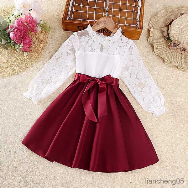 Vestidos de niña Vestido para niñas de 4 a 7 años Vestido de manga larga con cuello alto y empalme de encaje blanco para niñas Vestido elegante para niñas