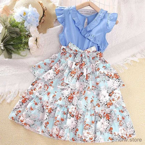 Vestidos de niña Vestido Niños Niñas 7-12 años Niñas Azul Empalmado Floral Cuello en V Pequeño Vestido de manga voladora Vacaciones casuales Niños Vestido de princesa