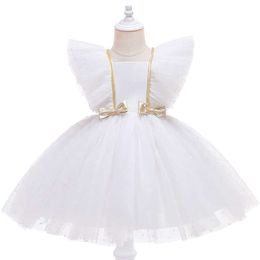 Girl's jurken elk in meisjes mode vlieg mouw mesh jurken kinderen hoge taille baljurk prinses jurk baby kinderen feest trouwkleding z0223