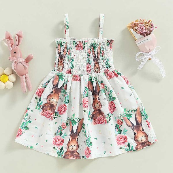 Robes de fille Robe de pâques pour filles, imprimé Floral de lapin, sans manches, bretelles, robe de princesse d'été, vêtements pour bébés